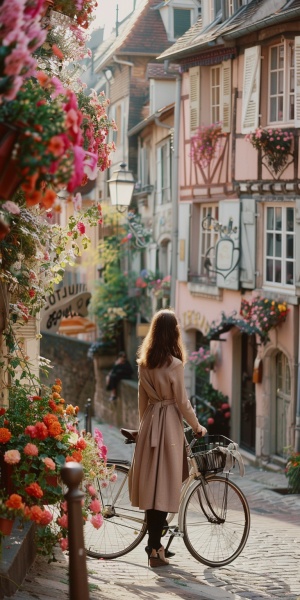 开满鲜花的法国小镇与自行车、漂亮的女孩