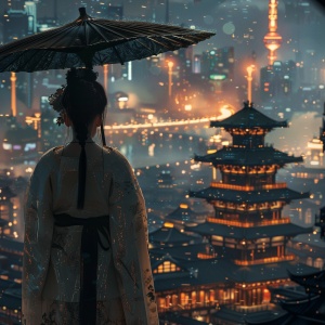 一个古风女子穿着汉服手里拿着一把伞背对着我们，看着面前繁华的科技城市。