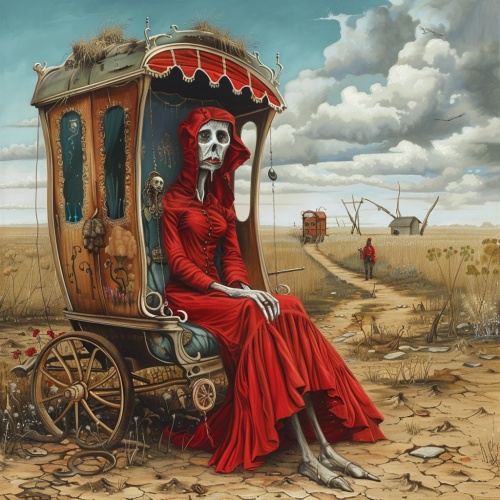 穿红衣服的新娘坐在花轿里，轿子外面是干涸的土地，漫画，悲伤的