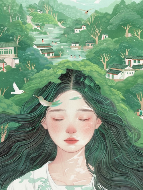 A Chinese girl with long hair , wearing white and closed eyes in the center of an illustration in the style of Hsiao Ron Cheng . In her head is green trees , houses and people playing happily . A bird flies across her face . The background color should be a light emerald green . This artwork uses soft colors to create a dreamy atmosphere . It features an elegant posture , symmetrical composition , soft lighting , delicate brushstrokes , delicate facial expressions , natural scenery , and tranquility . ar