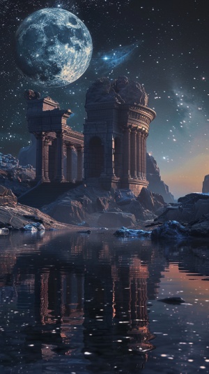 夜晚天空 月亮星星 古代建筑 湖边