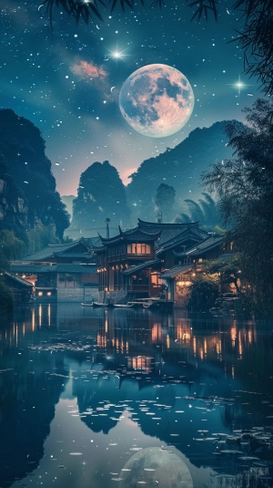 夜晚天空 月亮星星 中国村子 湖边 唯美画面 解压治愈