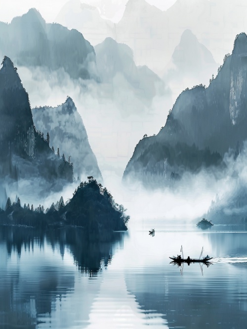 水墨画湖景，轻舟以过万重山，晨雾轻飘，运山近水。8K画质。