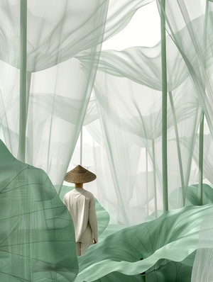 极简超现实咒语:A person, wearing a straw hat, in lotus leaves, people in the distance, large gauze mesh lotus leaves, interior installation art, Surrealist style, minimalism, white and green, clean background, ultra-high detail, 3d rendering ar 4:5 stylize 250