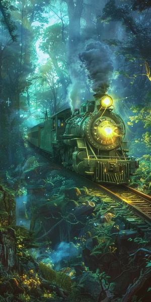 一辆水晶列车 从一个烟雾缭绕的森林轨道里通过 蒸汽 梦幻花园 发光