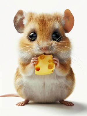 小老鼠，吃着小奶酪，一个非常可爱的胖乎乎的卡通中国动物形象，可爱，大眼睛，盲盒，C4d，ctane render，粘土材质，角色颜色鲜艳，白色背景干净