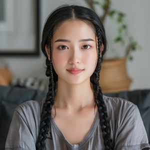 中国美女,在家里客厅自拍,扎着长长的黑色辫子,微笑着,穿着短袖,照片风格,亚洲女孩的真人照片,以亚洲女孩的风格。