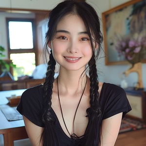 中国美女,在家里客厅自拍,扎着长长的黑色辫子,微笑着,穿着短袖,照片风格,亚洲女孩的真人照片,以亚洲女孩的风格。