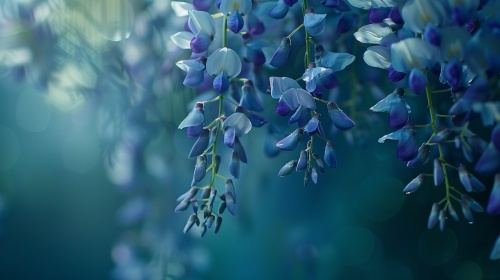 在画面的右上方悬挂着一朵盛开的紫藤花，近景，高清，深蓝绿色的底，清新