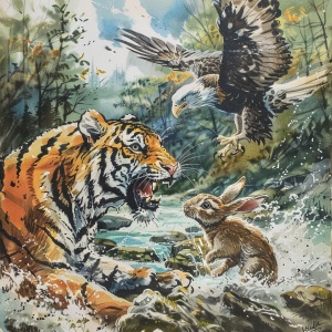 一只东北虎他正在抓一只兔子，天上有一只老鹰也看到了兔子要和这只老虎抢食物。背景是在森林里。