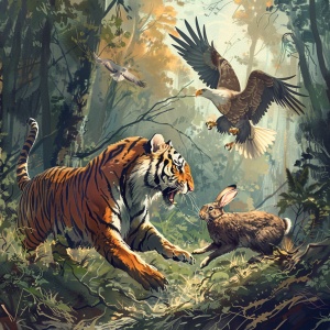 一只东北虎他正在抓一只兔子，天上有一只老鹰也看到了兔子要和这只老虎抢食物。背景是在森林里。