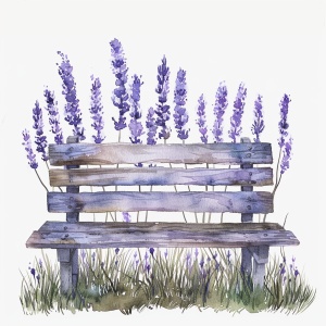 薰衣草，长椅，紫色系，水彩插画，白底