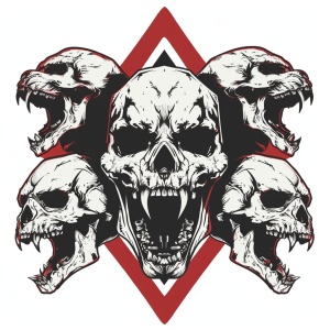 一个三角形战术徽章，三头地狱犬骷髅头，张大嘴巴，战术