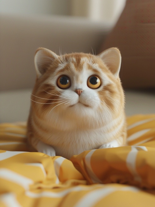 可爱的猫咪，胖胖的肚子，圆圆的脑袋，大大的眼睛，黄白色相间，毛绒绒的，温馨的沙发上蹲着，4D. 8k