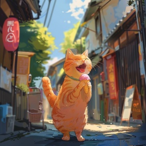 一只橘猫在街边站着开心吃雪糕