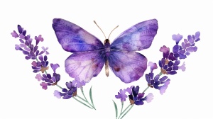 薰衣草，紫色蝴蝶，水彩插画，白底