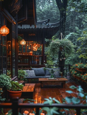 森林木屋别墅，花围阳台，绿盆栽，柔软沙发，冲刷大雨，美感灯光，超真实相机拍摄
