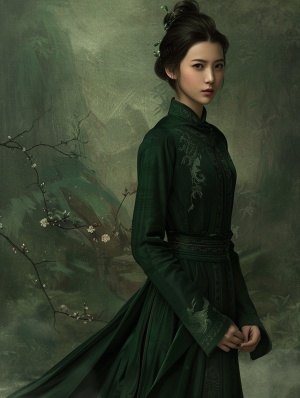 古代风情少妇，身穿墨绿色长裙，
