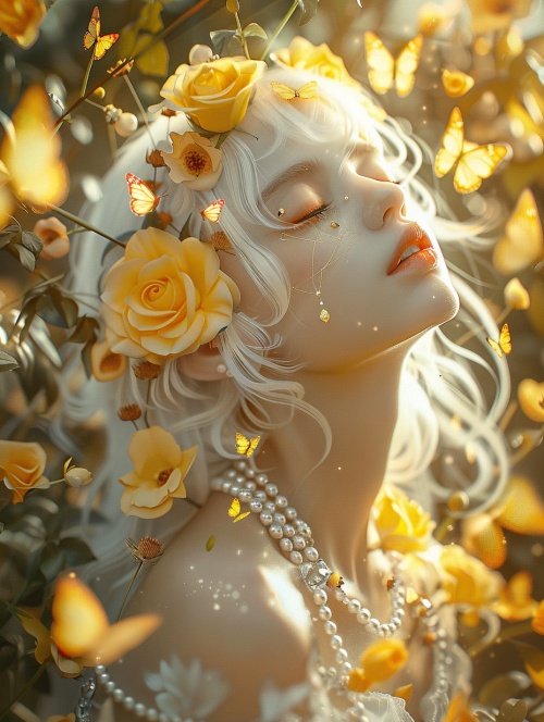 Beautiful anime girl, basking in golden warm light, white hair with yellow roses and butterflies, a beautiful yellow rose on her face, pearls on her neck and ears, skin shimmering, fantastic atmosphere, soft pastel colors, created by artgerm, full body portrait, fantasy background, surrealist elements, high resolution, sunlight reflection, digital painting, bright colors, watercolors, blur effect, super detailed, extremely realistic.