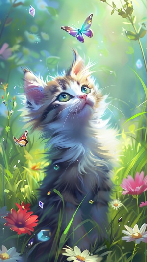 卡通萌宠猫咪追逐透明水晶蝴蝶，草地上绽放五彩小花