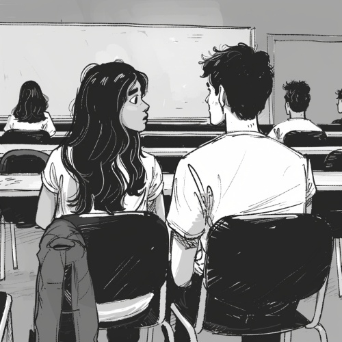 黑白漫画，学生坐在座位上聊天，有人回头