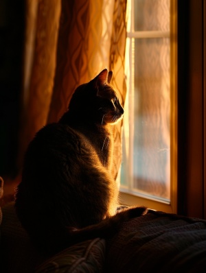 一只猫蹲在沙发上看着落地窗外，夜幕降临，夕阳西下