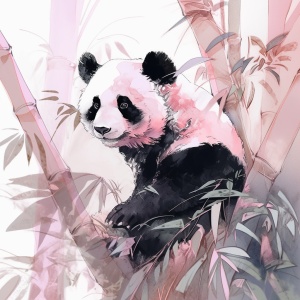 一只可爱的熊猫坐在树上，背对着你，也背对着我。它全身都是粉色的毛。远处可以看到新鲜的竹笋的背景。这件艺术品的风格似乎出自一位不知名的艺术家之手。