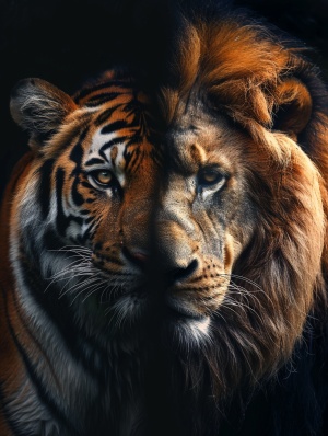 左边是一只漂亮的老虎，右边一只威猛的雄狮。头靠头趴在一起，面向镜头。背景是纯黑色。柔和的光线。 写实的风格。