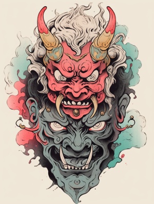 An exaggerated contrasting sketch with a Buddha statue on the left half of the face and a devil statue on the right half of the face, with a transitional blend in the center. Rich in detail.