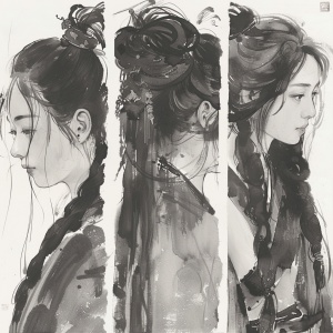 水墨画，中国风，少女的头发，中年妇女的头发，老年妇女的头发，三张图，背景清淡，主要突出发丝。