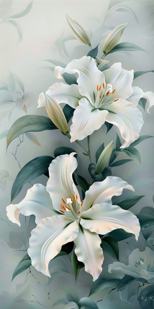 大片小白花，绿叶，浅色背景