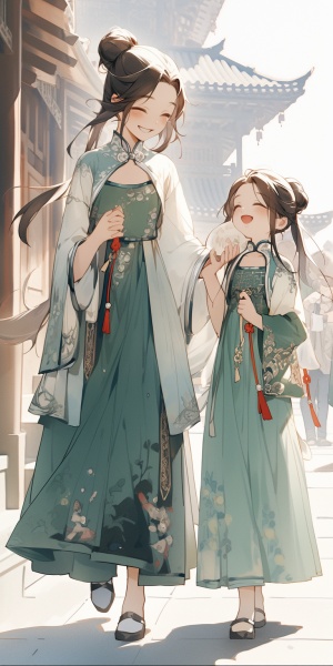 两名亚洲少女，一名十二三岁，一名二十，小的穿绿色，大的穿蓝色，全身，汉服，开心，古风，热闹街道背景，刺绣风格，