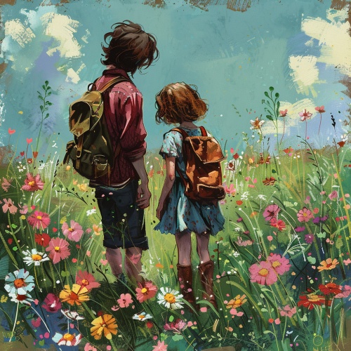 一个少年和一个女孩看油菜花的背影
