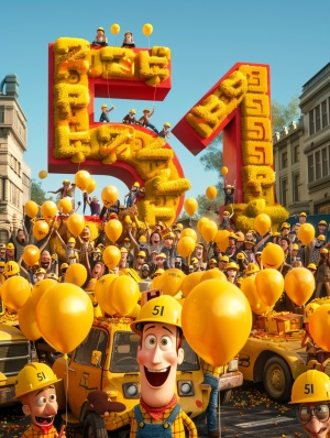 A large group of workers gathered around the number "51", holding balloons and smiling, with yellow construction vehicles in front. The background was a blue sky, and there was an illustration style that focused on faces with 3D renderings and high resolution photography.The styles included poster design, movie posters, movie character designs, and concept art in the style of Pixar, as well as Pixar animation styles and hyperrealistic 3D renderings. ar 3:4 s 500 niji 6