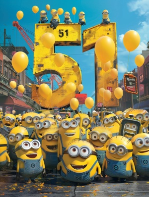 A large group of workers gathered around the number "51", holding balloons and smiling, with yellow construction vehicles in front. The background was a blue sky, and there was an illustration style that focused on faces with 3D renderings and high resolution photography.The styles included poster design, movie posters, movie character designs, and concept art in the style of Pixar, as well as Pixar animation styles and hyperrealistic 3D renderings. ar 3:4 s 500 niji 6