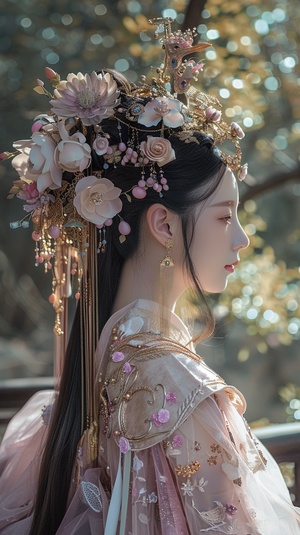 there is a wooden bench with a bunch of flowers on it, hair ornaments, headpiecehigh quality, ultra realistic fantasy tiara, headpiece headpiece headpiece, amazing flower tiara, with ancient chinese aesthetic, pink hair covered with hairpins, breathtaking flower tiara, intricate flower tiara, gold floral headdress, gorgeous and huge head ornaments, elaborate ornate head piece