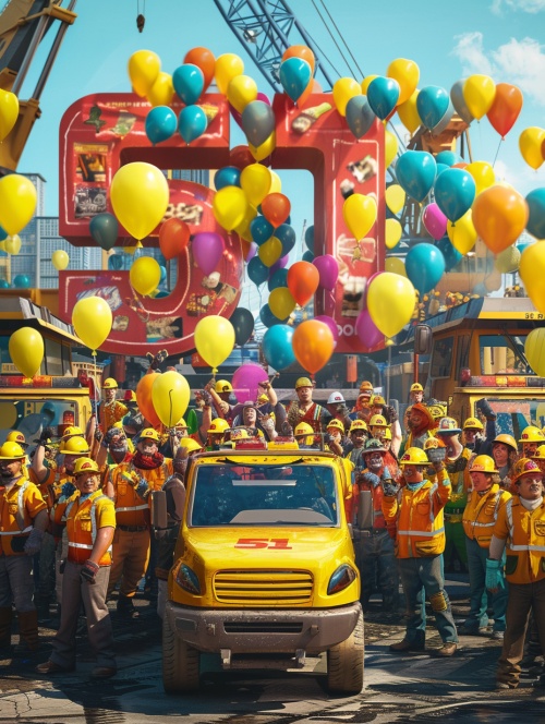 A large group of workers gathered around the number “51”，holding balloons and smiling, with yellow construction vehicles in front. The background was a blue sky, and there was an illustration style that focused on faces with 3D renderings and high resolution photography.The styles included poster design, movie posters, movie character designs, and concept art in the style of Pixar, as well as Pixar animation styles and hyperrealistic 3D renderings. ar 3:4