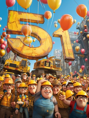 A large group of workers gathered around the number “51”，holding balloons and smiling, with yellow construction vehicles in front. The background was a blue sky, and there was an illustration style that focused on faces with 3D renderings and high resolution photography.The styles included poster design, movie posters, movie character designs, and concept art in the style of Pixar, as well as Pixar animation styles and hyperrealistic 3D renderings. ar 3:4