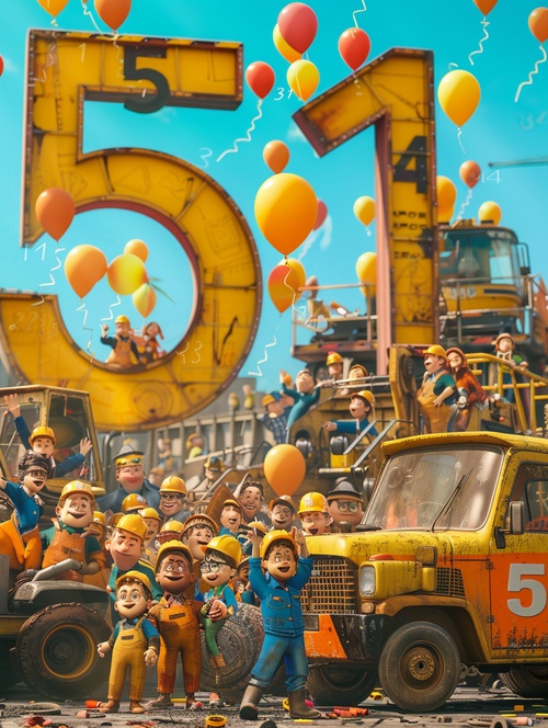 A large group of workers gathered around the number “51”，holding balloons and smiling, with yellow construction vehicles in front. The background was a blue sky, and there was an illustration style that focused on faces with 3D renderings and high resolution photography.The styles included poster design, movie posters, movie character designs, and concept art in the style of Pixar, as well as Pixar animation styles and hyperrealistic 3D renderings. ar 3:4