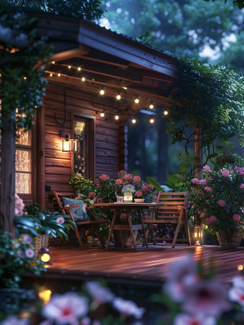 一个舒适的木质小屋,具有乡村的魅力,周围是鲜艳的鲜花和郁郁葱葱的绿色植物。湿润的甲板上,温暖的灯光照亮了一张户外桌子。坐在那里,可以一边品尝咖啡,一边沉浸在自然美景中,会感受到一种宁静的氛围。高清，相机真实拍摄效果。