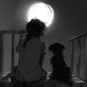 一只小狗的背影，一个小女孩的背影，夜晚，顶楼，相依相靠