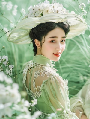 一位美丽的中国女性,穿着优雅的绿色连衣裙和帽子,坐在白色的花朵中,周围是茂盛的草地。她微笑着面对镜头。背景是浅绿色的,柔和的光线营造出一个梦幻般的氛围。她的脸上有着精致的妆容,展现出自信和优雅。风格如同中国艺术家所绘。