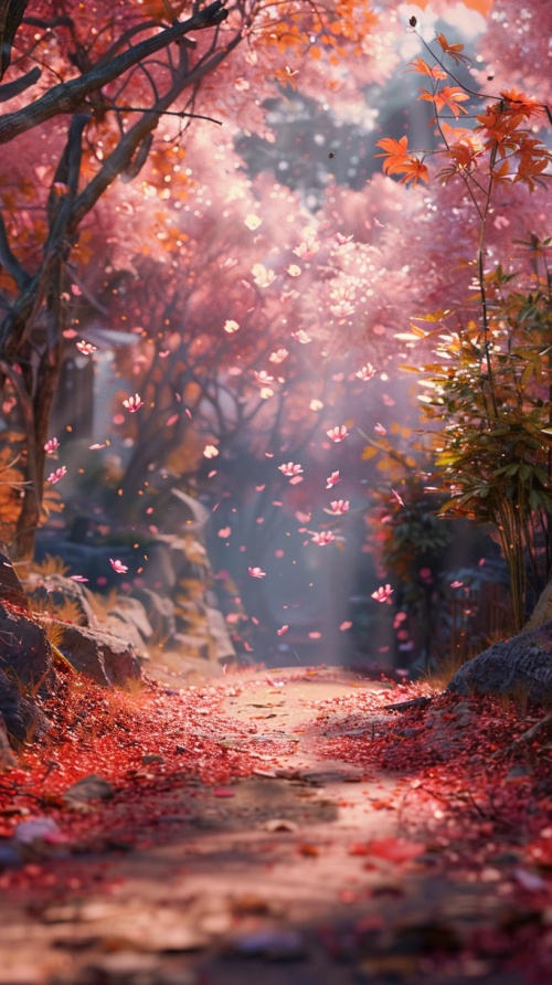 秋季的树林小道，樱花飘落