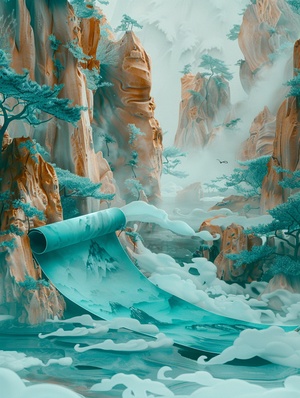 China-Chic style, 3D turquoise landscape painting in the scroll, a scroll floating in the air, delicate, Chinese ancient minimalism, macro perspective, 3D, OC rendering, surreal details, fantasy, high resolution and ultra-high definition