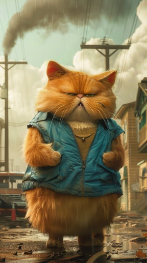 皮克斯风格，写实风格，一只身穿一套蓝色背心胖胖的可爱的橘猫，站立着，表情沮丧，背景是龙卷风经过的街道，高清
