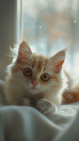 呆萌可爱的小猫咪，胖胖的肚子，圆圆的脑袋，大大的眼睛，黄白色相间，毛绒绒的，温馨的窗台上趴着，4D. 8k