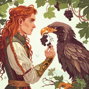 一位王子，红头发，长头发，扎一根辫子，在庄园摘葡萄，旁边有一只老鹰嘴里叼着葡萄，二次元漫画风