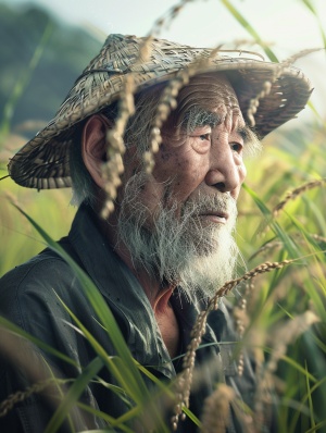 袁隆平爷爷在水稻田里认真劳作，水稻被微风轻轻吹动