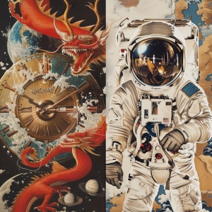左边是一个少年带着龙头套，背景是一条红色巨龙环绕在华表上；右边是一位宇航员，背景是一条白色巨龙环绕在火箭上