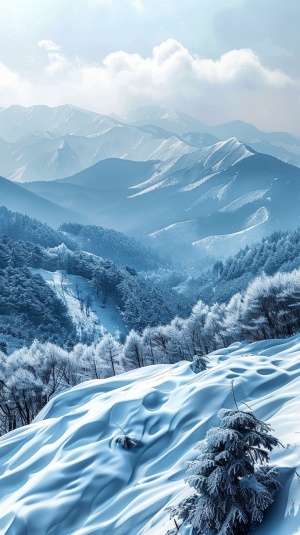 描绘了一幅宁静而广阔的冬日雪景画面。雪，轻轻地、均匀地覆盖在连绵起伏的群山上，使得原本或峻峭或温柔的山峦都归于一片寂静之中。